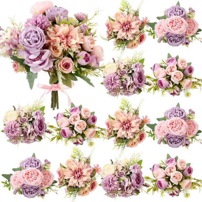 8 Pcs Gradient Blue Artificial Flowers Bouquet Peonies Silk Dahlia Faux Rose Fake Chamomile Hydrangea Floral Arrangements Bulk for Home Vase Wedding Party Table Centerpiece