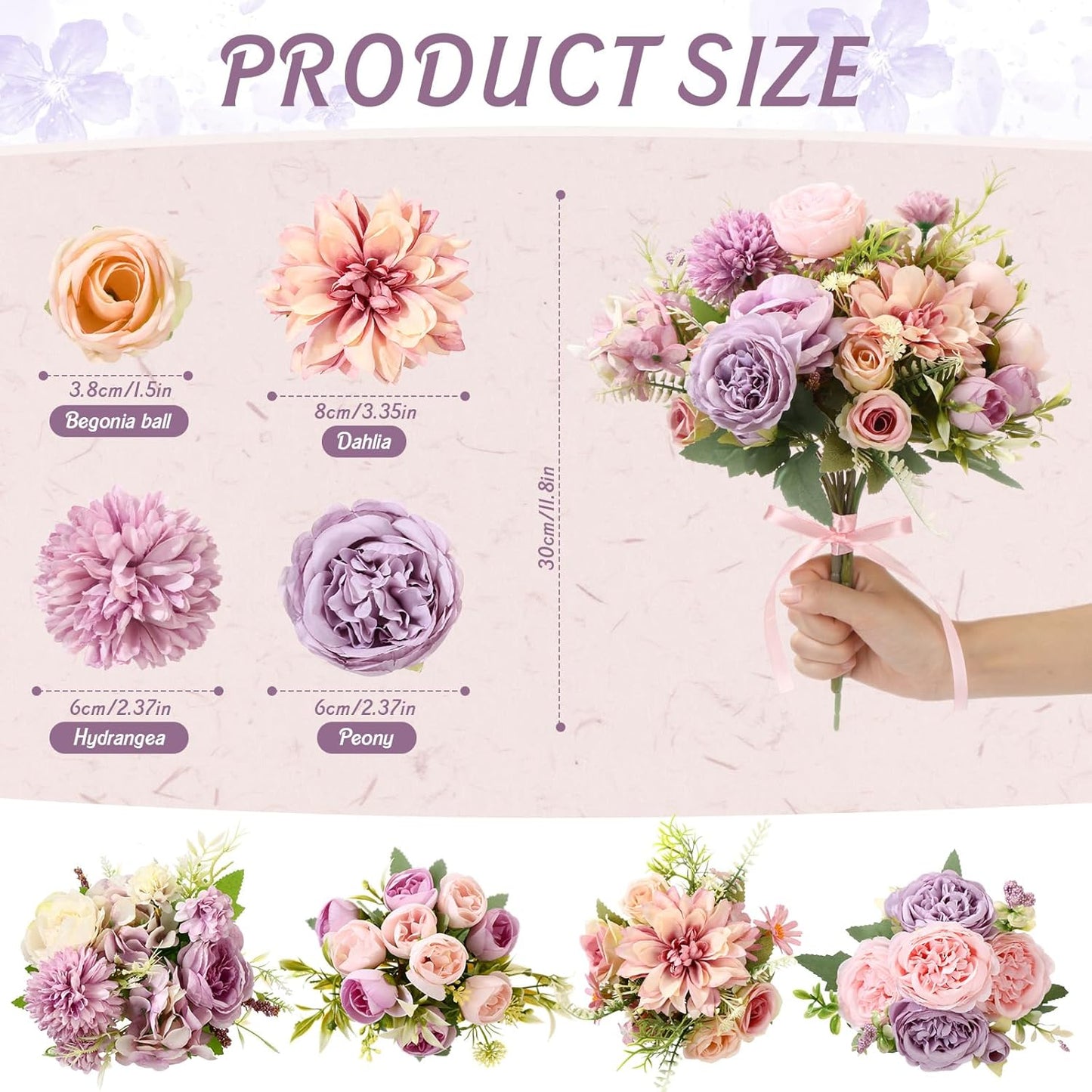8 Pcs Gradient Blue Artificial Flowers Bouquet Peonies Silk Dahlia Faux Rose Fake Chamomile Hydrangea Floral Arrangements Bulk for Home Vase Wedding Party Table Centerpiece