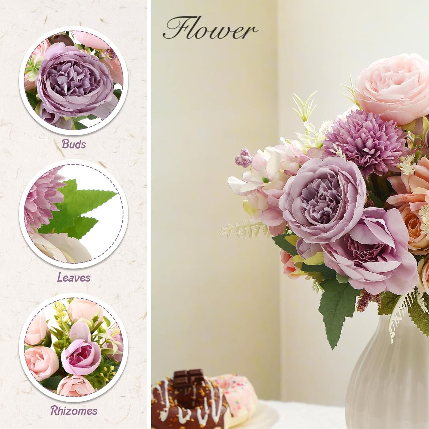 8 Pcs Gradient Blue Artificial Flowers Bouquet Peonies Silk Dahlia Faux Rose Fake Chamomile Hydrangea Floral Arrangements Bulk for Home Vase Wedding Party Table Centerpiece