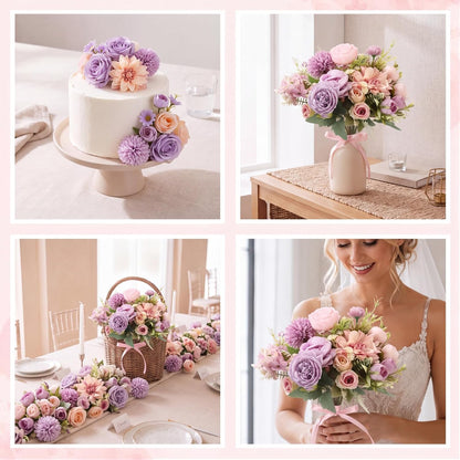 8 Pcs Gradient Blue Artificial Flowers Bouquet Peonies Silk Dahlia Faux Rose Fake Chamomile Hydrangea Floral Arrangements Bulk for Home Vase Wedding Party Table Centerpiece