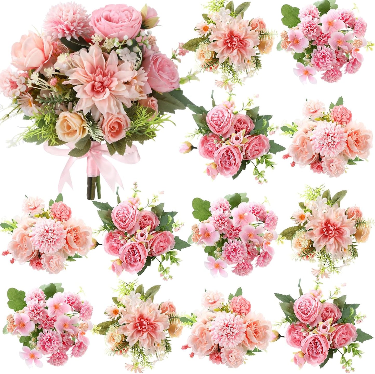 8 Pcs Gradient Blue Artificial Flowers Bouquet Peonies Silk Dahlia Faux Rose Fake Chamomile Hydrangea Floral Arrangements Bulk for Home Vase Wedding Party Table Centerpiece