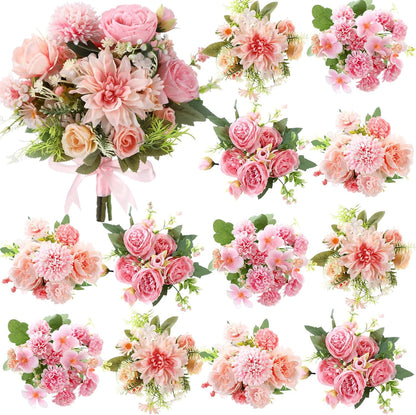 8 Pcs Gradient Blue Artificial Flowers Bouquet Peonies Silk Dahlia Faux Rose Fake Chamomile Hydrangea Floral Arrangements Bulk for Home Vase Wedding Party Table Centerpiece