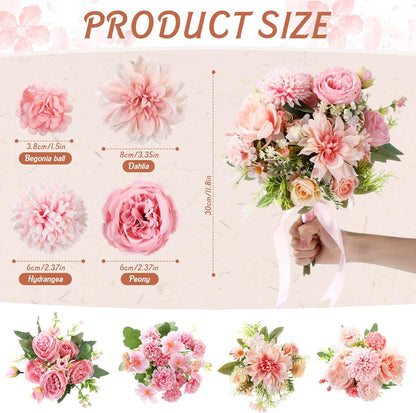 8 Pcs Gradient Blue Artificial Flowers Bouquet Peonies Silk Dahlia Faux Rose Fake Chamomile Hydrangea Floral Arrangements Bulk for Home Vase Wedding Party Table Centerpiece