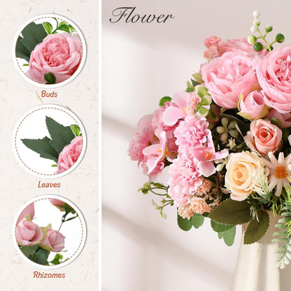 8 Pcs Gradient Blue Artificial Flowers Bouquet Peonies Silk Dahlia Faux Rose Fake Chamomile Hydrangea Floral Arrangements Bulk for Home Vase Wedding Party Table Centerpiece