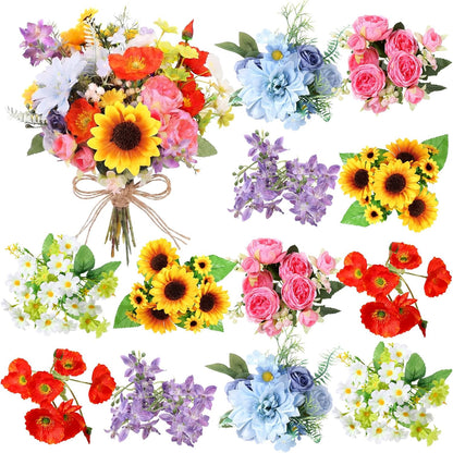 8 Pcs Gradient Blue Artificial Flowers Bouquet Peonies Silk Dahlia Faux Rose Fake Chamomile Hydrangea Floral Arrangements Bulk for Home Vase Wedding Party Table Centerpiece