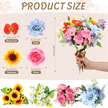 8 Pcs Gradient Blue Artificial Flowers Bouquet Peonies Silk Dahlia Faux Rose Fake Chamomile Hydrangea Floral Arrangements Bulk for Home Vase Wedding Party Table Centerpiece