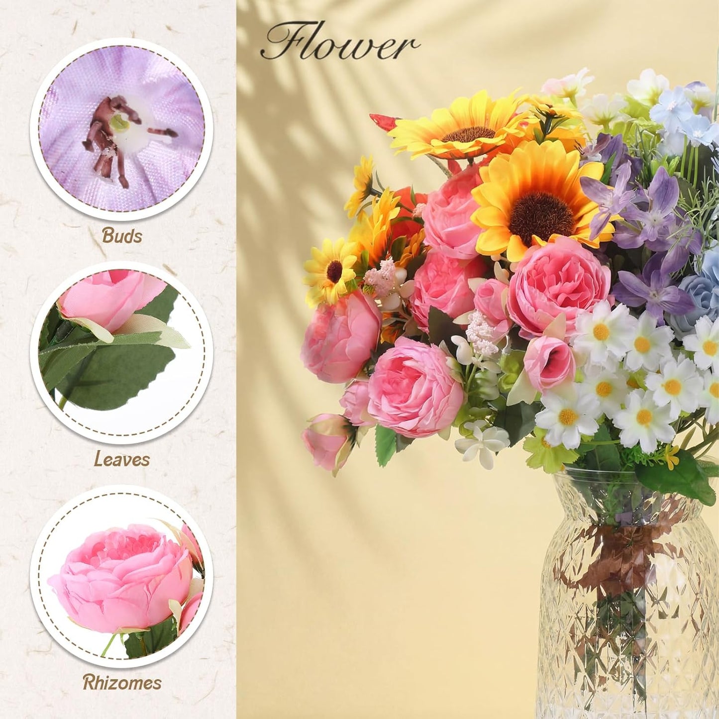 8 Pcs Gradient Blue Artificial Flowers Bouquet Peonies Silk Dahlia Faux Rose Fake Chamomile Hydrangea Floral Arrangements Bulk for Home Vase Wedding Party Table Centerpiece