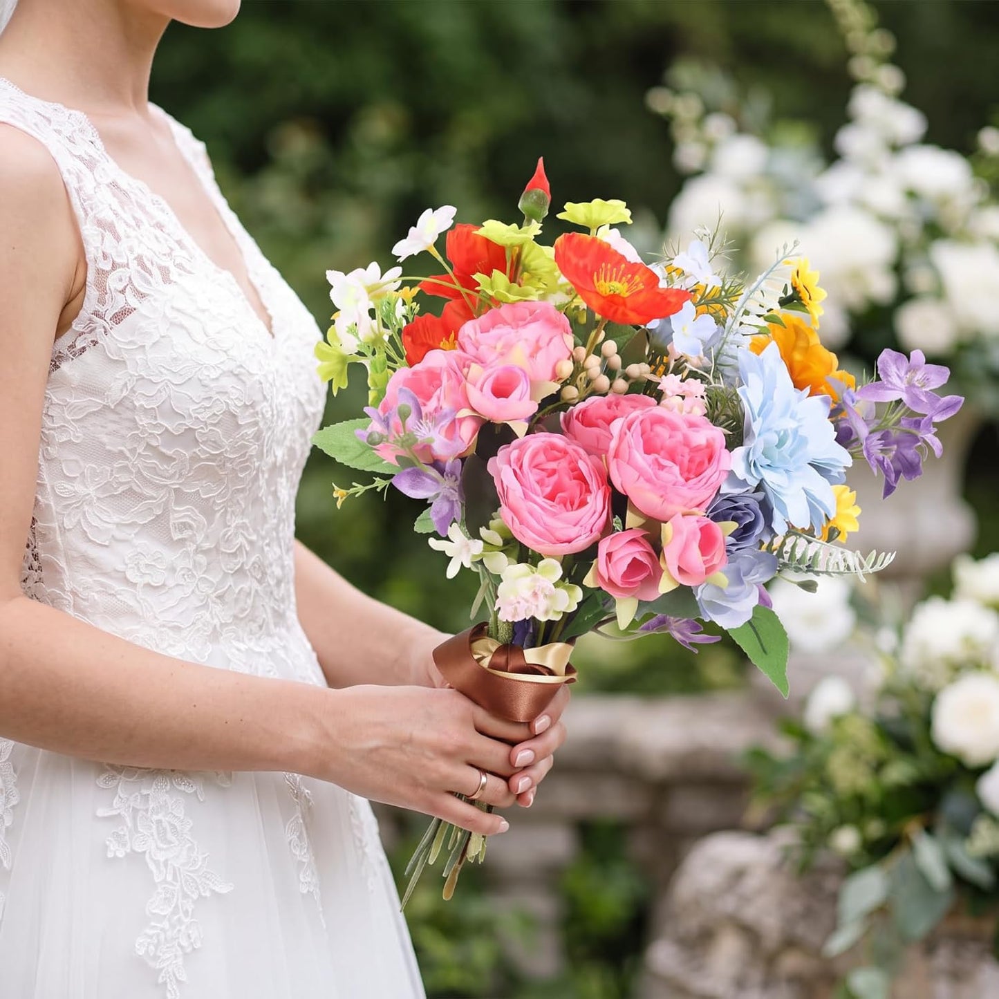 8 Pcs Gradient Blue Artificial Flowers Bouquet Peonies Silk Dahlia Faux Rose Fake Chamomile Hydrangea Floral Arrangements Bulk for Home Vase Wedding Party Table Centerpiece
