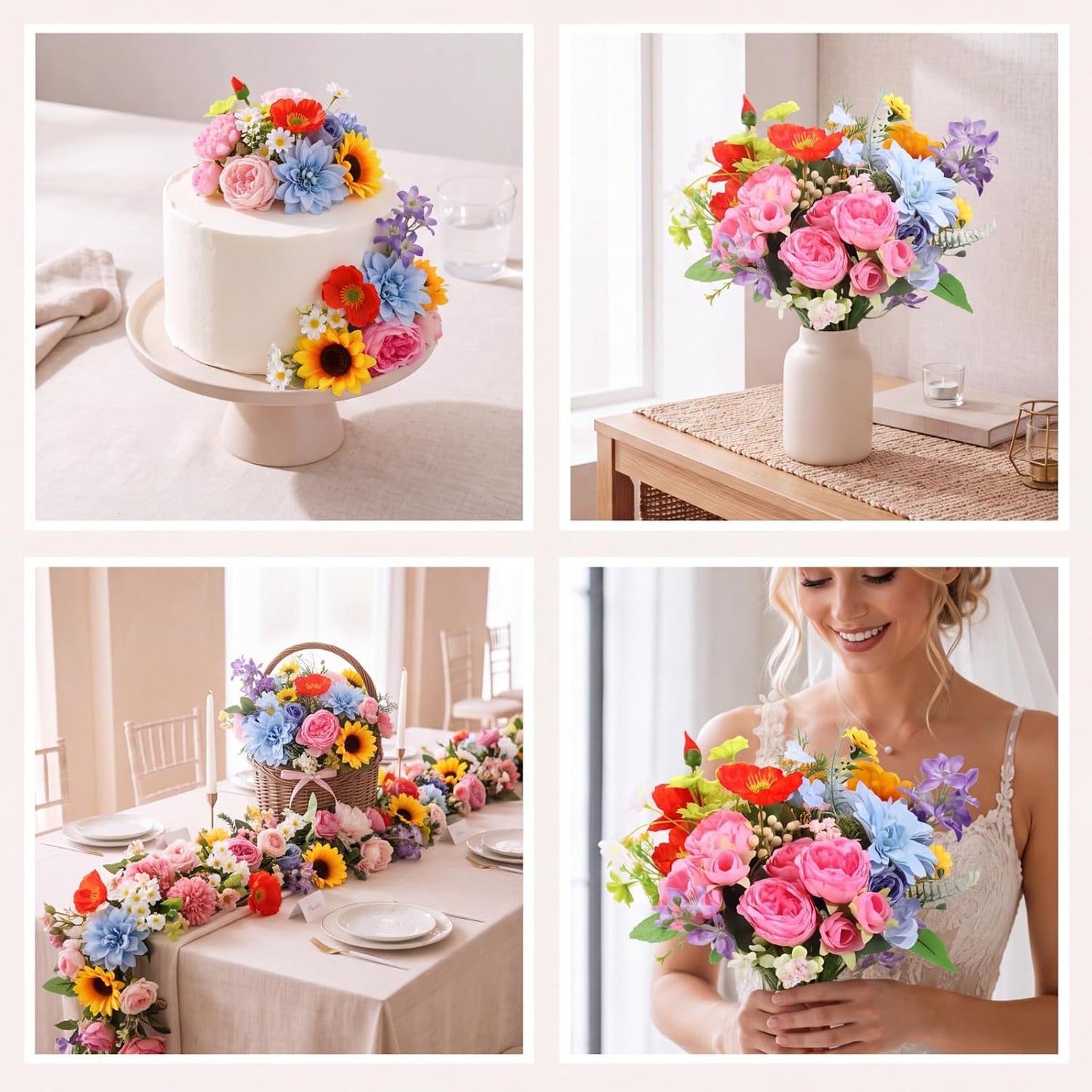 8 Pcs Gradient Blue Artificial Flowers Bouquet Peonies Silk Dahlia Faux Rose Fake Chamomile Hydrangea Floral Arrangements Bulk for Home Vase Wedding Party Table Centerpiece