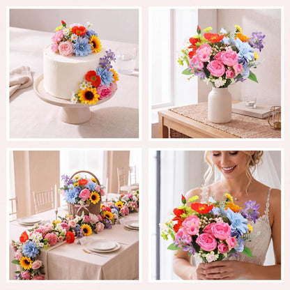 8 Pcs Gradient Blue Artificial Flowers Bouquet Peonies Silk Dahlia Faux Rose Fake Chamomile Hydrangea Floral Arrangements Bulk for Home Vase Wedding Party Table Centerpiece