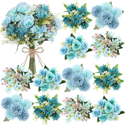 8 Pcs Gradient Blue Artificial Flowers Bouquet Peonies Silk Dahlia Faux Rose Fake Chamomile Hydrangea Floral Arrangements Bulk for Home Vase Wedding Party Table Centerpiece