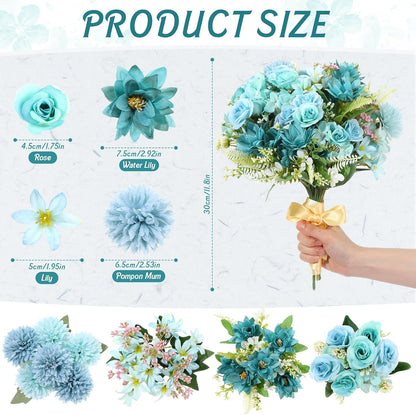 8 Pcs Gradient Blue Artificial Flowers Bouquet Peonies Silk Dahlia Faux Rose Fake Chamomile Hydrangea Floral Arrangements Bulk for Home Vase Wedding Party Table Centerpiece