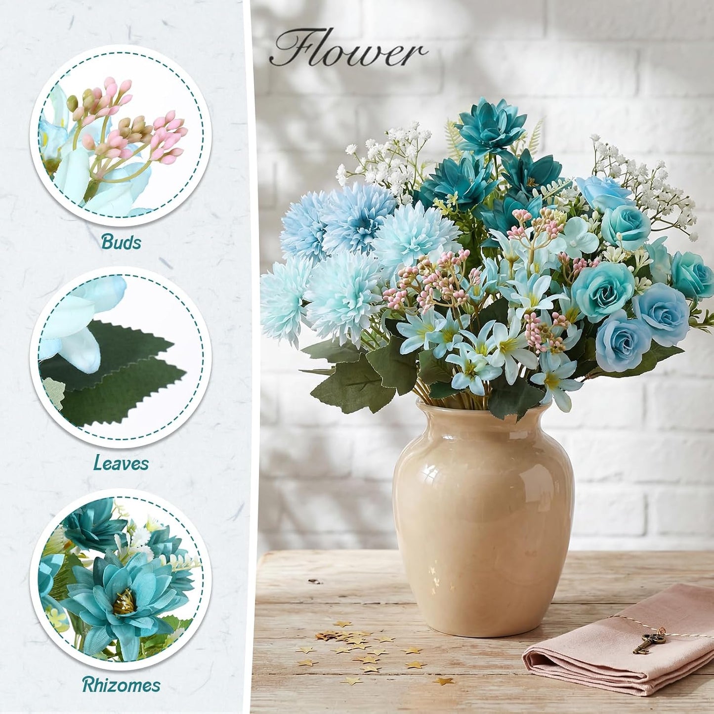 8 Pcs Gradient Blue Artificial Flowers Bouquet Peonies Silk Dahlia Faux Rose Fake Chamomile Hydrangea Floral Arrangements Bulk for Home Vase Wedding Party Table Centerpiece