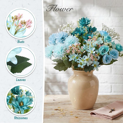 8 Pcs Gradient Blue Artificial Flowers Bouquet Peonies Silk Dahlia Faux Rose Fake Chamomile Hydrangea Floral Arrangements Bulk for Home Vase Wedding Party Table Centerpiece