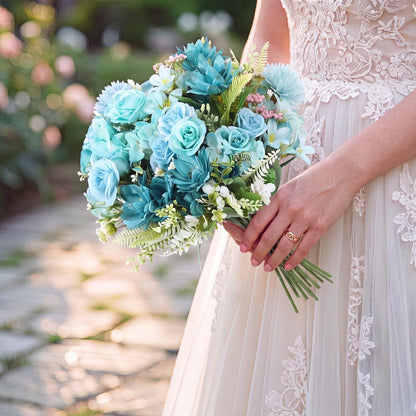 8 Pcs Gradient Blue Artificial Flowers Bouquet Peonies Silk Dahlia Faux Rose Fake Chamomile Hydrangea Floral Arrangements Bulk for Home Vase Wedding Party Table Centerpiece