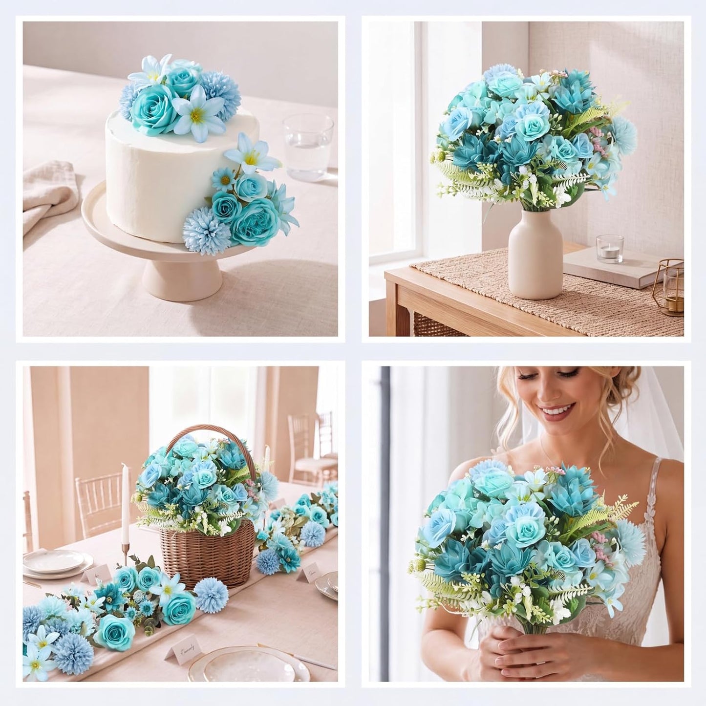 8 Pcs Gradient Blue Artificial Flowers Bouquet Peonies Silk Dahlia Faux Rose Fake Chamomile Hydrangea Floral Arrangements Bulk for Home Vase Wedding Party Table Centerpiece