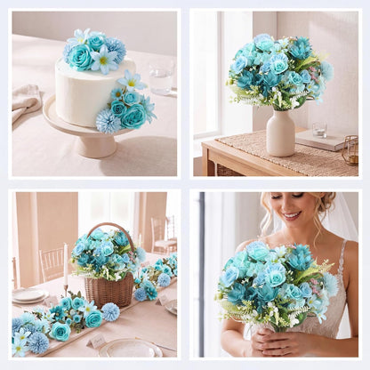 8 Pcs Gradient Blue Artificial Flowers Bouquet Peonies Silk Dahlia Faux Rose Fake Chamomile Hydrangea Floral Arrangements Bulk for Home Vase Wedding Party Table Centerpiece