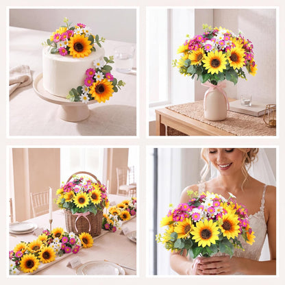 8 Pcs Gradient Blue Artificial Flowers Bouquet Peonies Silk Dahlia Faux Rose Fake Chamomile Hydrangea Floral Arrangements Bulk for Home Vase Wedding Party Table Centerpiece