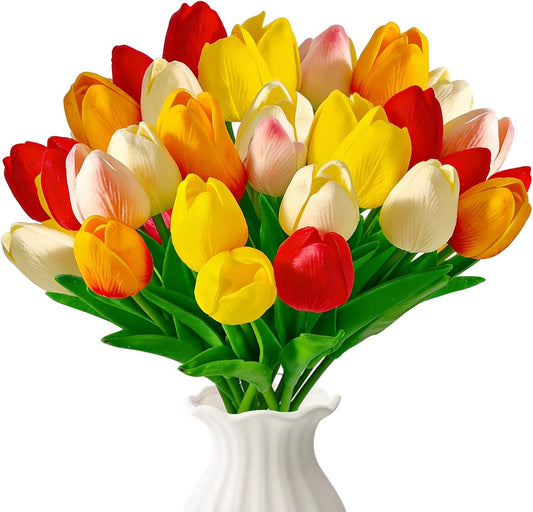 Tulips Artificial Flowers,15Pcs Real Touch PU Faux Tulip Bouquet with Stems
