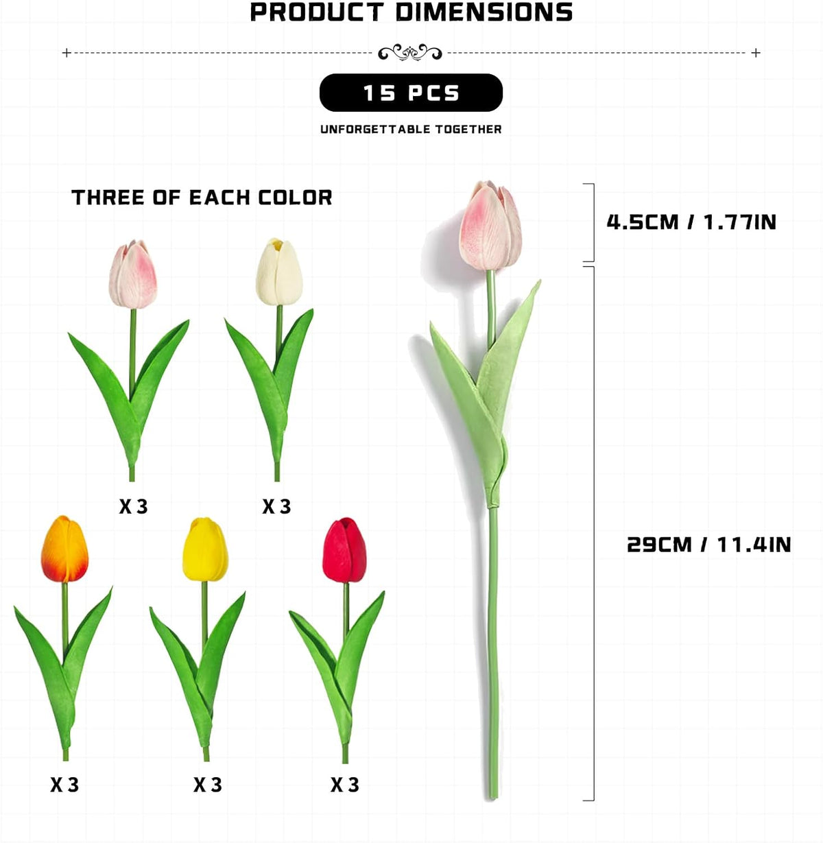 Tulips Artificial Flowers,15Pcs Real Touch PU Faux Tulip Bouquet with Stems