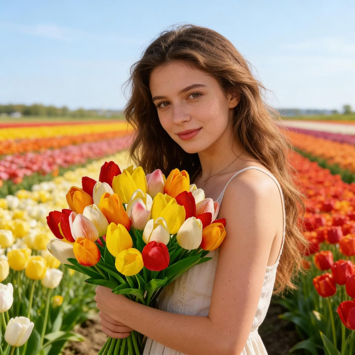 Tulips Artificial Flowers,15Pcs Real Touch PU Faux Tulip Bouquet with Stems