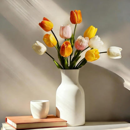 Tulips Artificial Flowers,15Pcs Real Touch PU Faux Tulip Bouquet with Stems