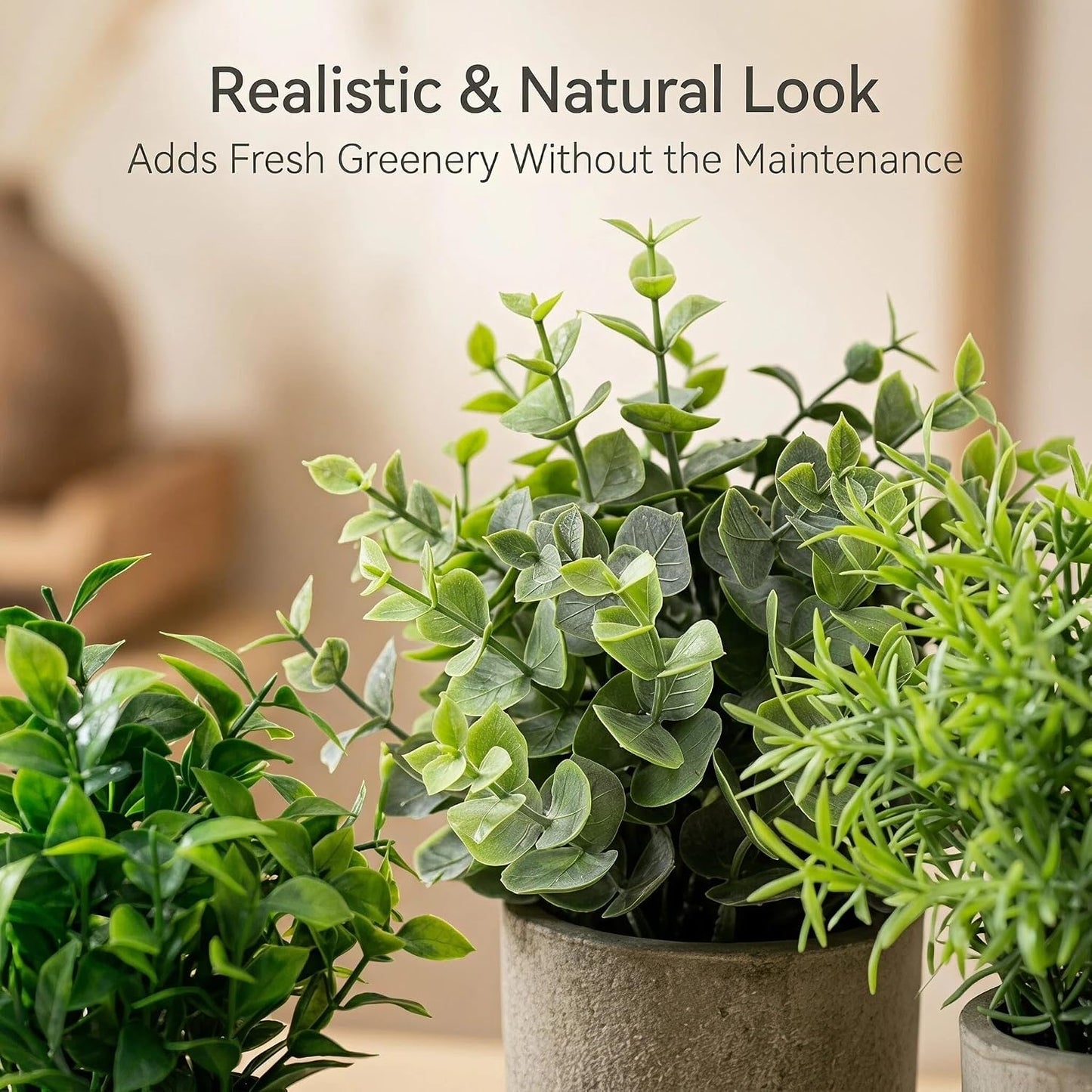 Artificial Potted Plants Faux Greenery in Cement Pots for Shelf, Bookshelf, Office or Home Decor, Small Decorative Fake Plants for Modern Indoor Display