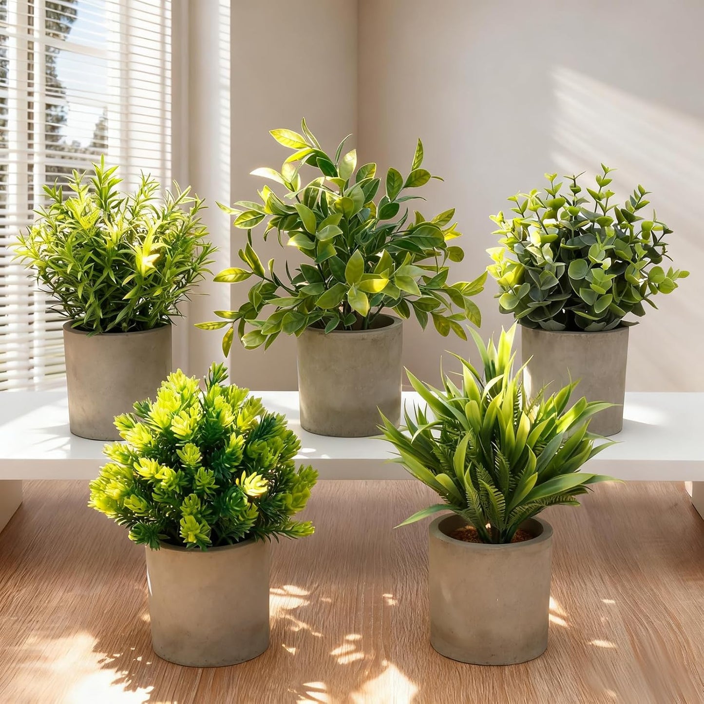 Artificial Potted Plants Faux Greenery in Cement Pots for Shelf, Bookshelf, Office or Home Decor, Small Decorative Fake Plants for Modern Indoor Display