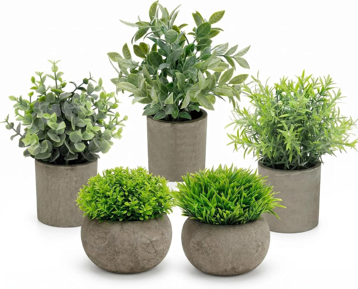 Artificial Potted Plants Faux Greenery in Cement Pots for Shelf, Bookshelf, Office or Home Decor, Small Decorative Fake Plants for Modern Indoor Display