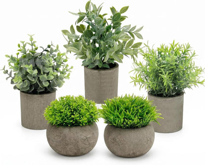 Artificial Potted Plants Faux Greenery in Cement Pots for Shelf, Bookshelf, Office or Home Decor, Small Decorative Fake Plants for Modern Indoor Display