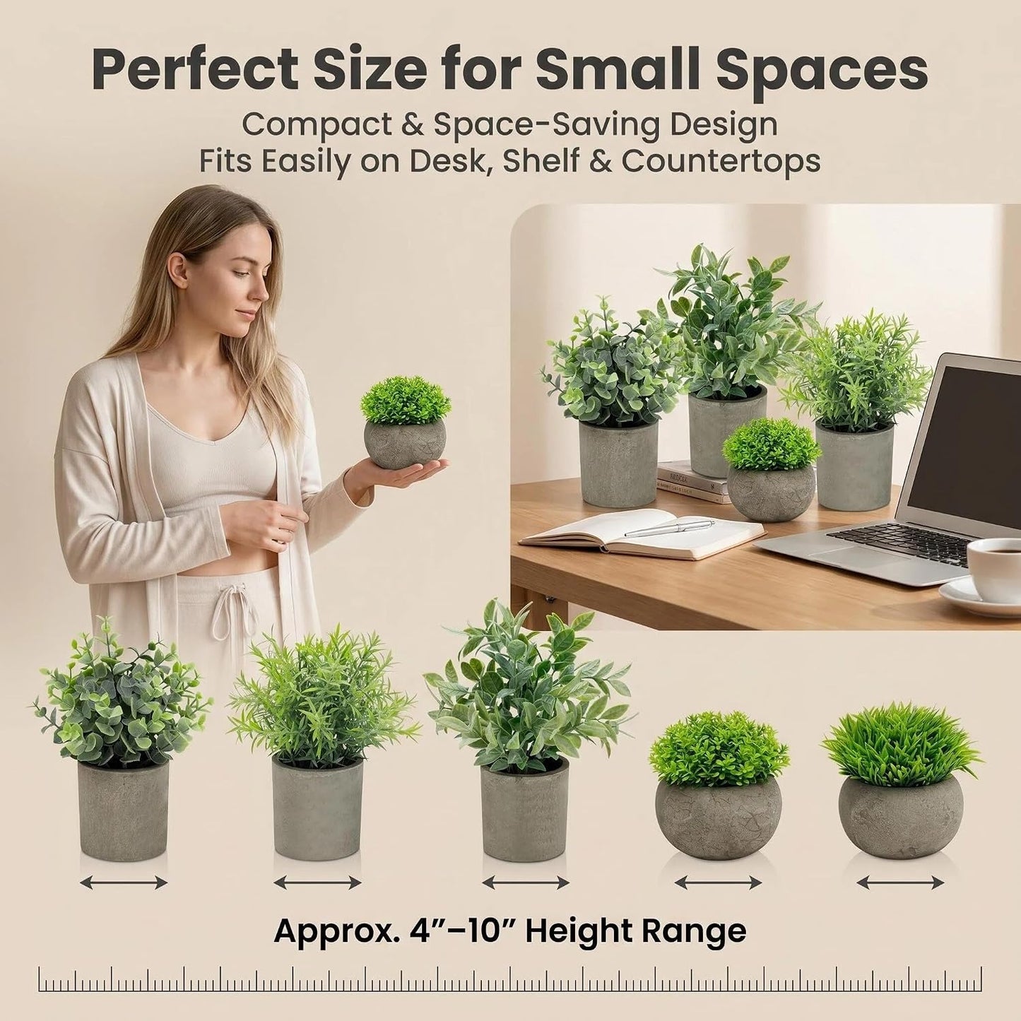 Artificial Potted Plants Faux Greenery in Cement Pots for Shelf, Bookshelf, Office or Home Decor, Small Decorative Fake Plants for Modern Indoor Display