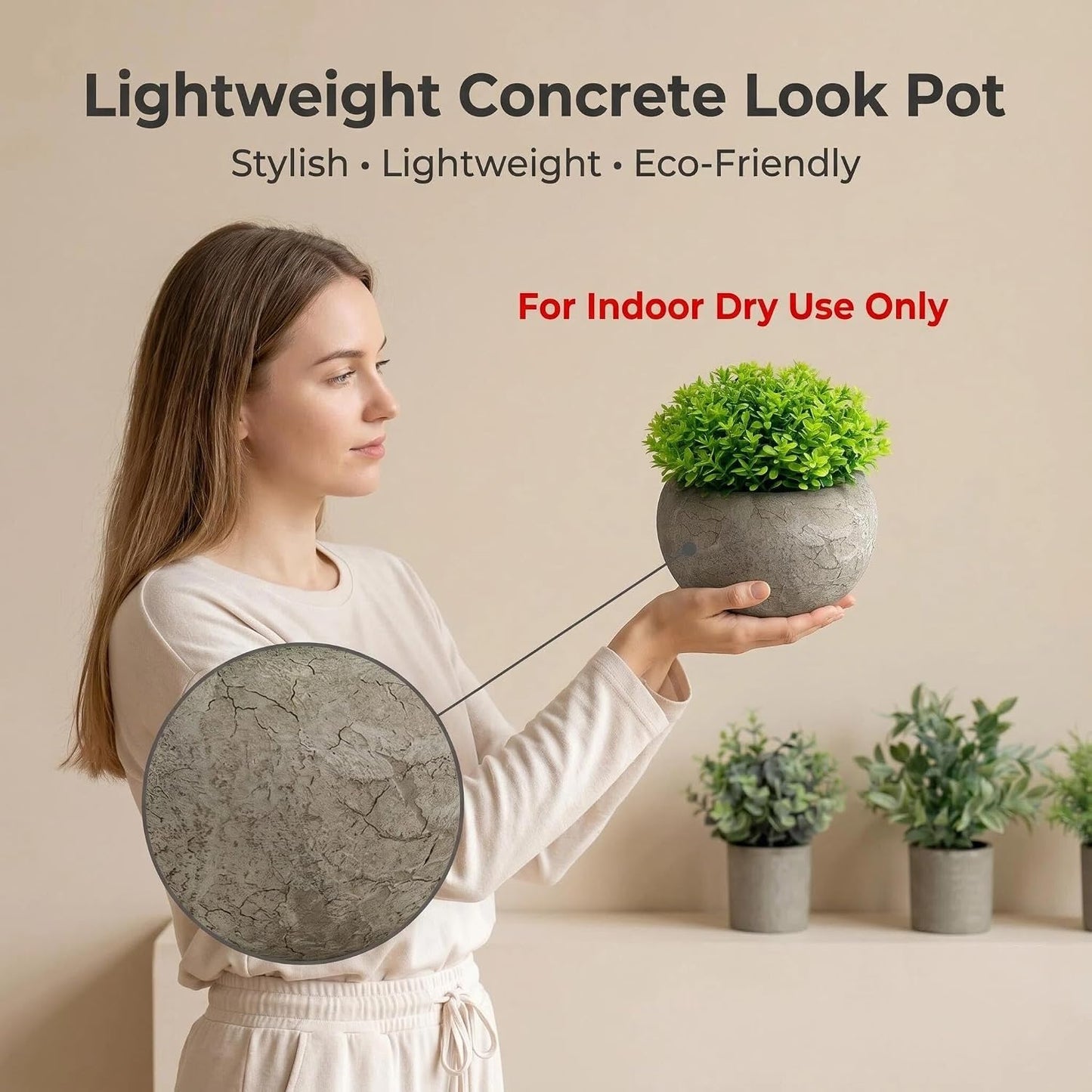 Artificial Potted Plants Faux Greenery in Cement Pots for Shelf, Bookshelf, Office or Home Decor, Small Decorative Fake Plants for Modern Indoor Display