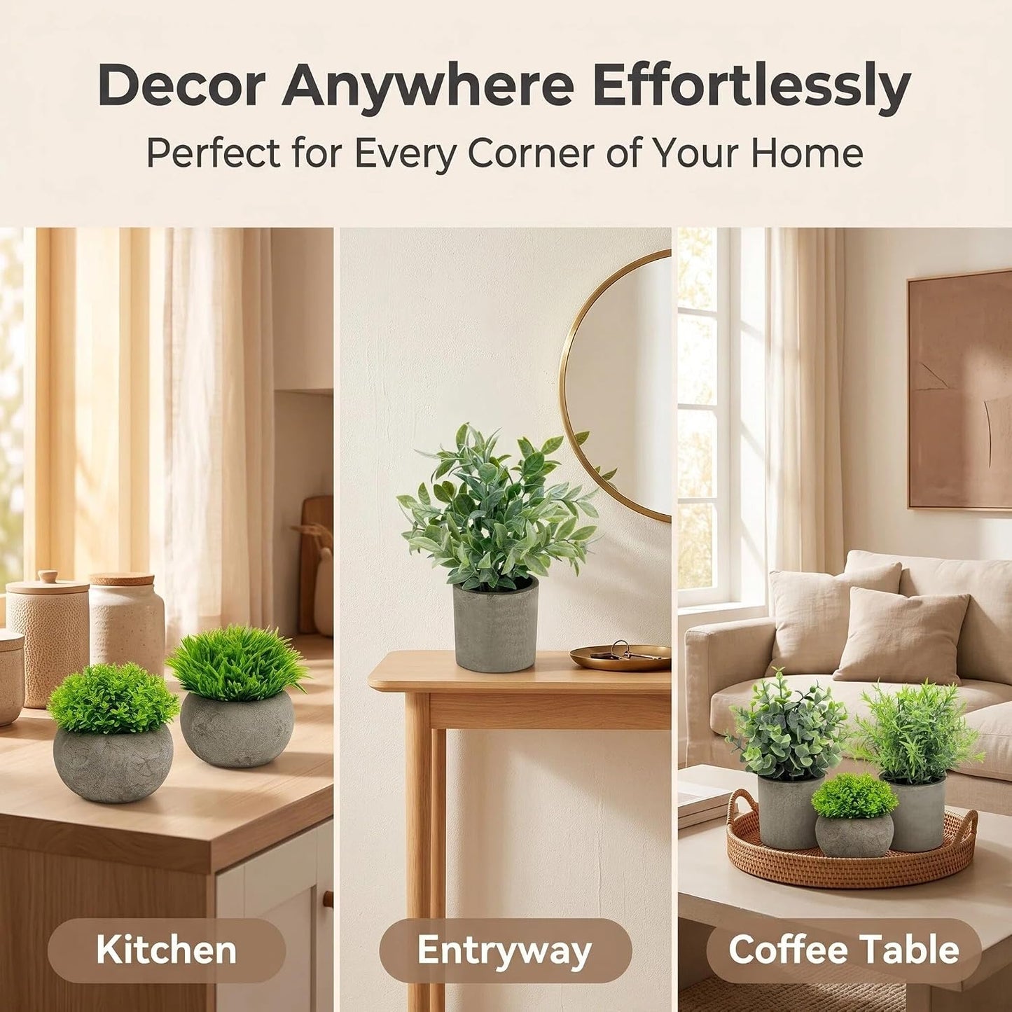 Artificial Potted Plants Faux Greenery in Cement Pots for Shelf, Bookshelf, Office or Home Decor, Small Decorative Fake Plants for Modern Indoor Display