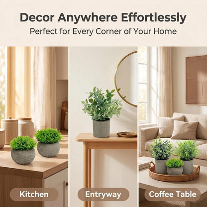 Artificial Potted Plants Faux Greenery in Cement Pots for Shelf, Bookshelf, Office or Home Decor, Small Decorative Fake Plants for Modern Indoor Display