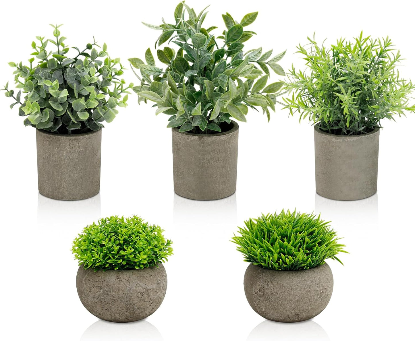 Artificial Potted Plants Faux Greenery in Cement Pots for Shelf, Bookshelf, Office or Home Decor, Small Decorative Fake Plants for Modern Indoor Display