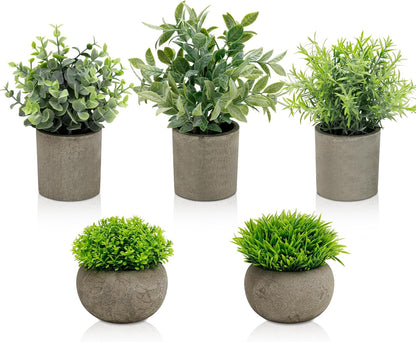 Artificial Potted Plants Faux Greenery in Cement Pots for Shelf, Bookshelf, Office or Home Decor, Small Decorative Fake Plants for Modern Indoor Display