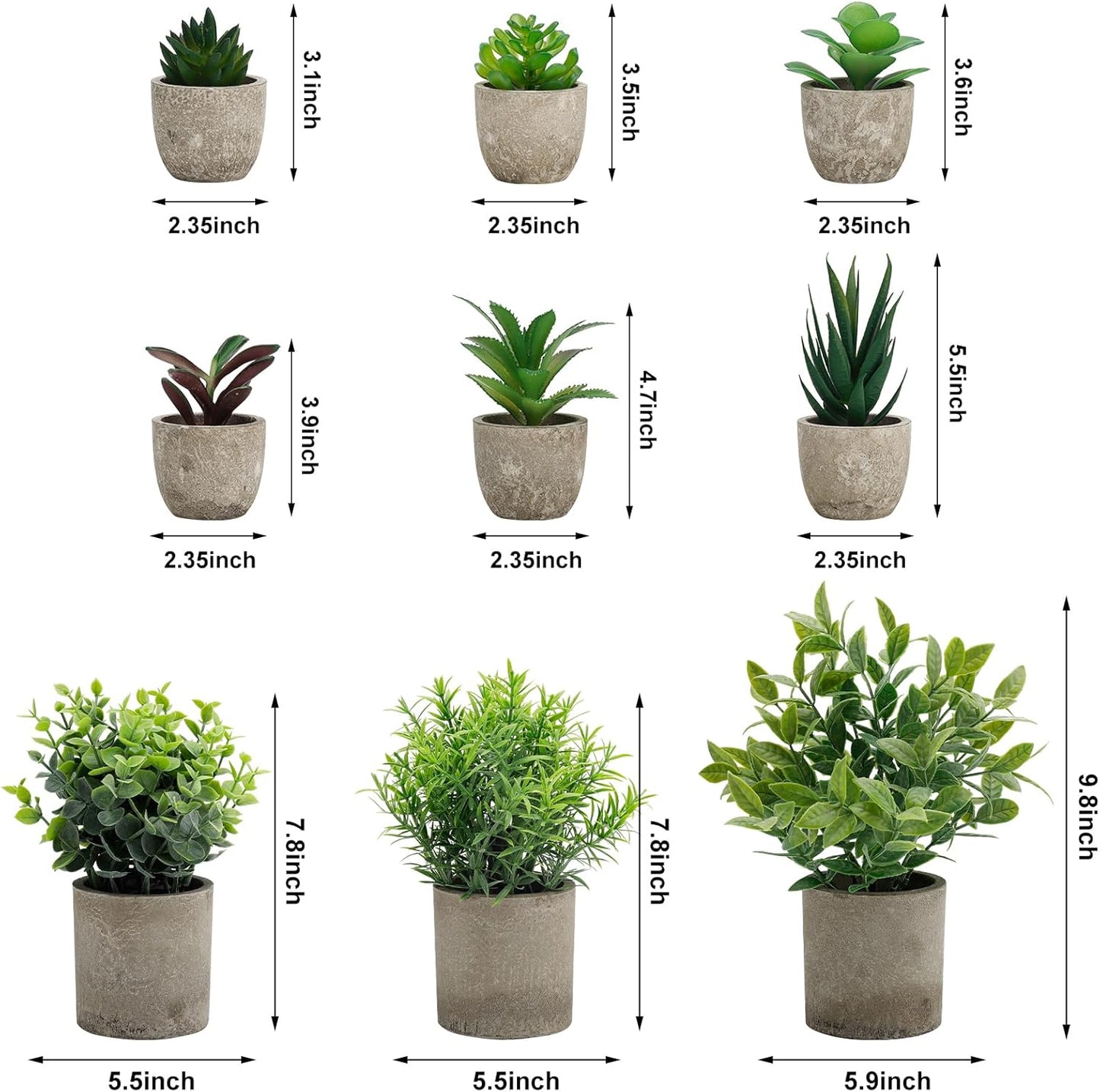 Artificial Potted Plants Faux Greenery in Cement Pots for Shelf, Bookshelf, Office or Home Decor, Small Decorative Fake Plants for Modern Indoor Display