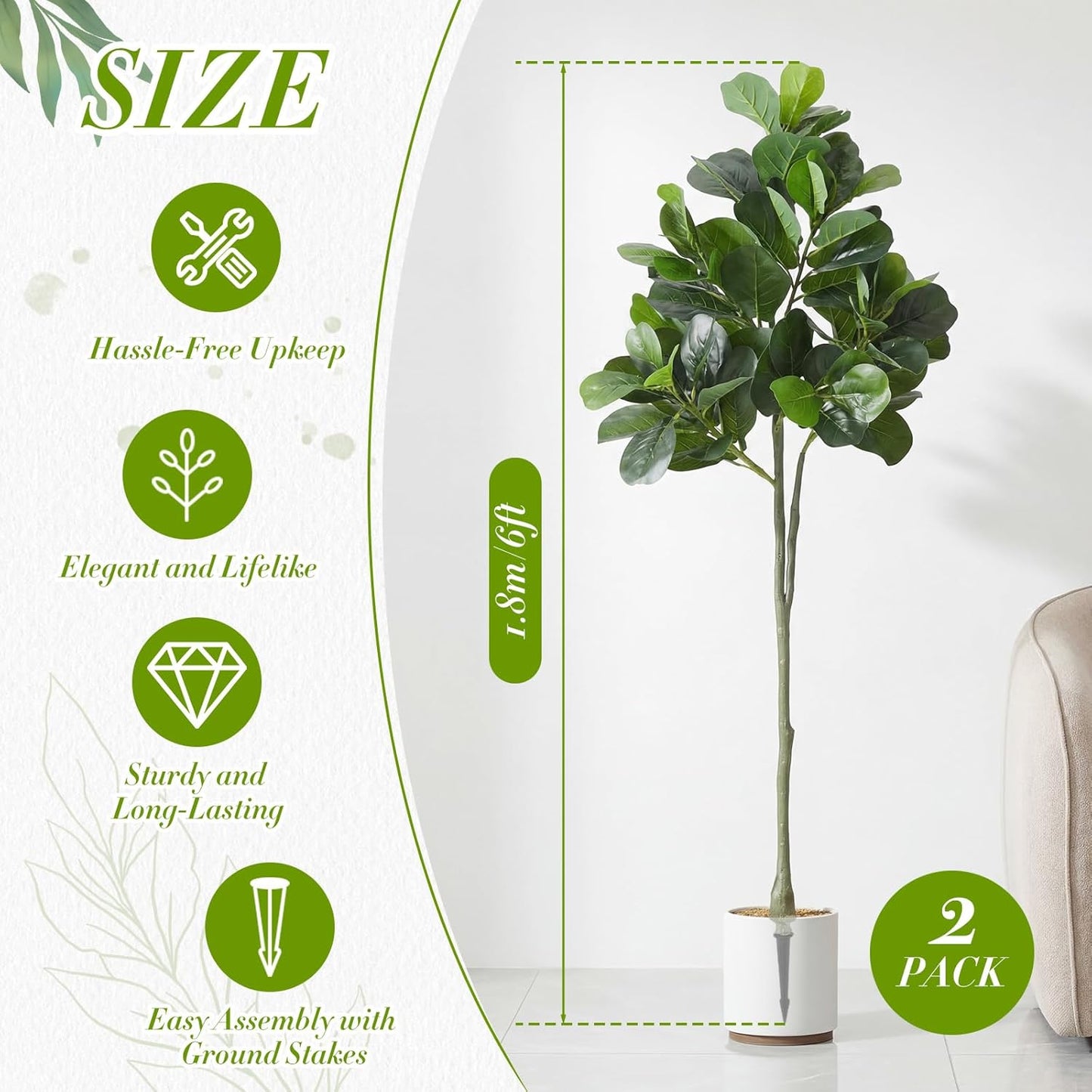 Thiccywoov 1 Pack Artificial Fiddle Leaf Fig Tree with Ground Spike, 6ft Tall Fake Plants Without Vase Realistic Leaves Faux Tree for Indoor Outdoor Front Porch Garden