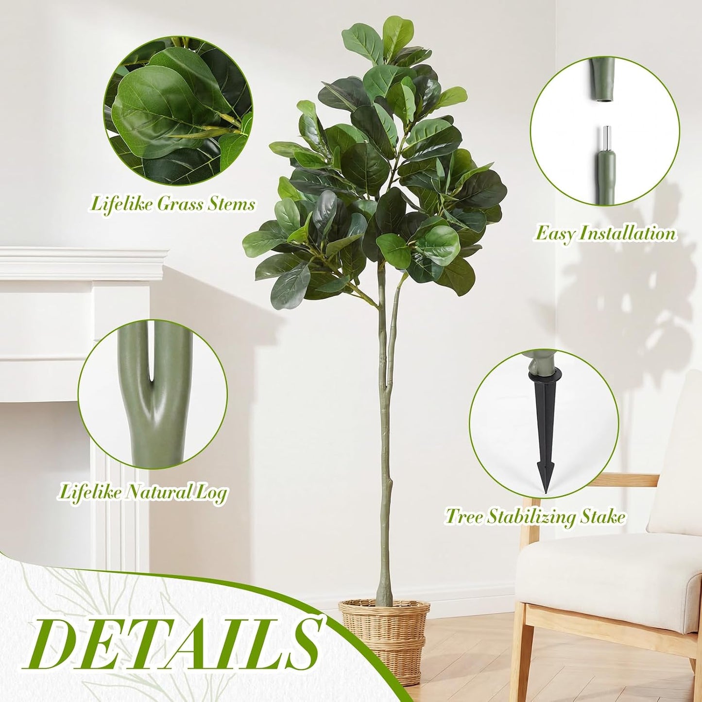 Thiccywoov 1 Pack Artificial Fiddle Leaf Fig Tree with Ground Spike, 6ft Tall Fake Plants Without Vase Realistic Leaves Faux Tree for Indoor Outdoor Front Porch Garden