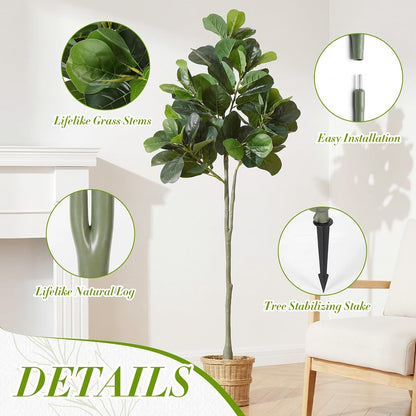 Thiccywoov 1 Pack Artificial Fiddle Leaf Fig Tree with Ground Spike, 6ft Tall Fake Plants Without Vase Realistic Leaves Faux Tree for Indoor Outdoor Front Porch Garden