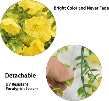 4 Pcs Look Real Artificial Flowers for Outdoors, Artificial Hanging Flowers for Outdoors, UV Resistant Fake Hanging Plants Silk Petunia Flowers for Balcony Yard Spring Decor (Yellow)
