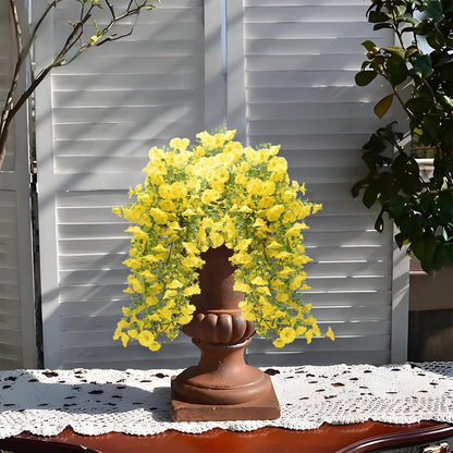 4 Pcs Look Real Artificial Flowers for Outdoors, Artificial Hanging Flowers for Outdoors, UV Resistant Fake Hanging Plants Silk Petunia Flowers for Balcony Yard Spring Decor (Yellow)