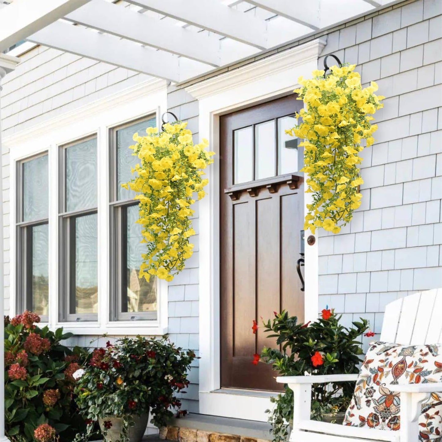 4 Pcs Look Real Artificial Flowers for Outdoors, Artificial Hanging Flowers for Outdoors, UV Resistant Fake Hanging Plants Silk Petunia Flowers for Balcony Yard Spring Decor (Yellow)