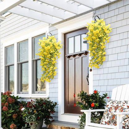 4 Pcs Look Real Artificial Flowers for Outdoors, Artificial Hanging Flowers for Outdoors, UV Resistant Fake Hanging Plants Silk Petunia Flowers for Balcony Yard Spring Decor (Yellow)