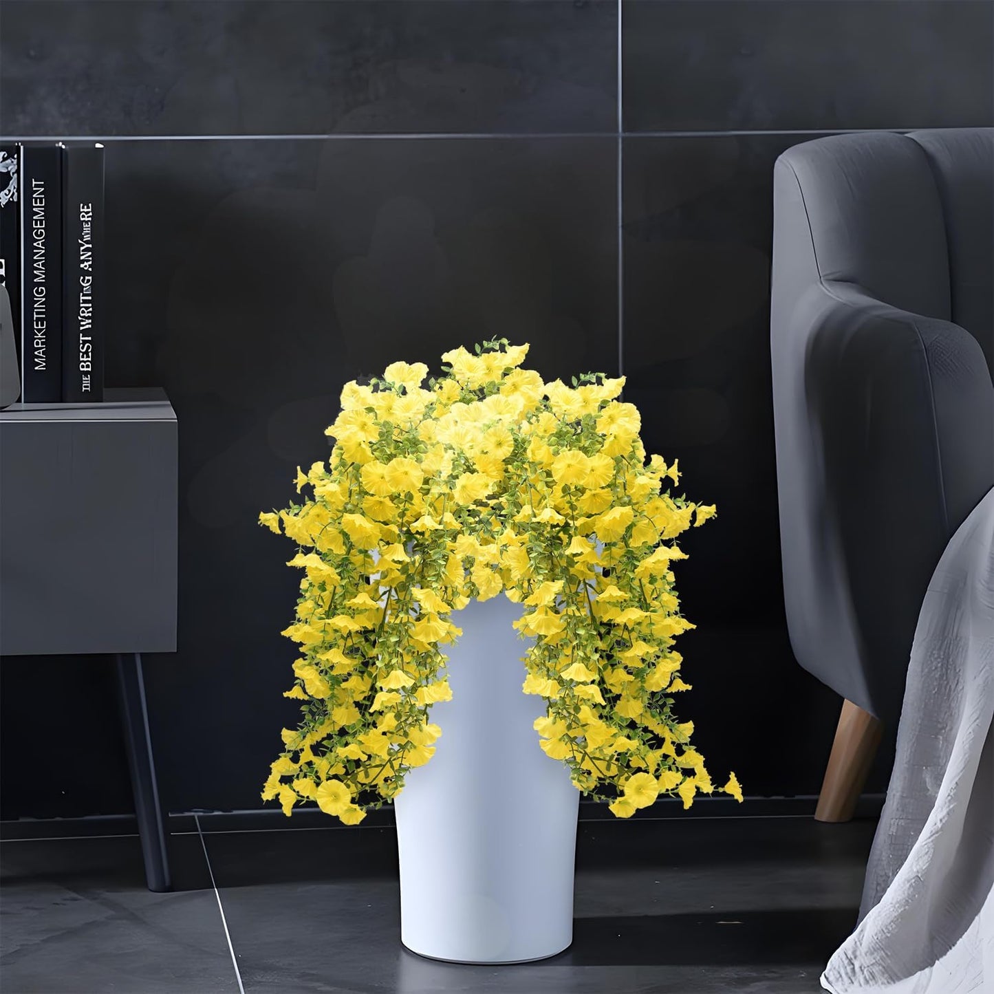 4 Pcs Look Real Artificial Flowers for Outdoors, Artificial Hanging Flowers for Outdoors, UV Resistant Fake Hanging Plants Silk Petunia Flowers for Balcony Yard Spring Decor (Yellow)