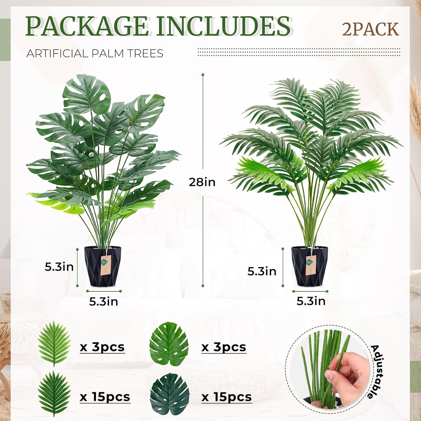 28'' Artificial Plants Large Fake Palm Tree Tall Fake Plants Indoor for Living Room Porch Balcony Patio Decor Outdoor (Black Pot)