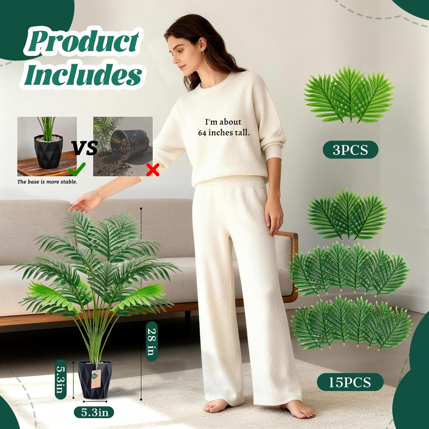 28'' Artificial Plants Large Fake Palm Tree Tall Fake Plants Indoor for Living Room Porch Balcony Patio Decor Outdoor (Black Pot)