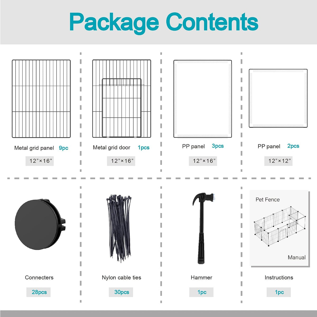 Pet Playpen, Small Animal Cage DIY Wire Fence with Door 15 Panels, Black