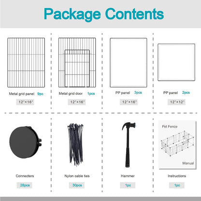 Pet Playpen, Small Animal Cage DIY Wire Fence with Door 15 Panels, Black