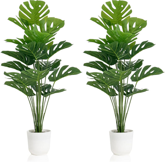 Set of 2 Artificial Monstera Deliciosa Plants in Pots, Fake Tropical Trees with Greenery Leaves Stems, 32 Inch Faux Swiss Cheese Floor Plants for Home Porch, Garden, Office, Store Decor